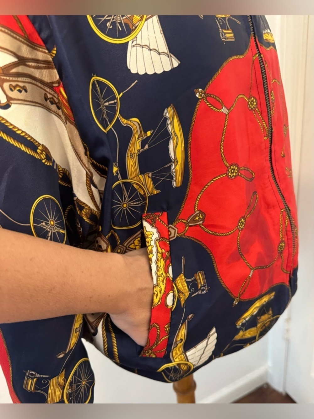 Vintage Angela Tong Bomber Jacket Equestrian Scarf Print Red Navy Retro M *READ* - Picture 5 of 13